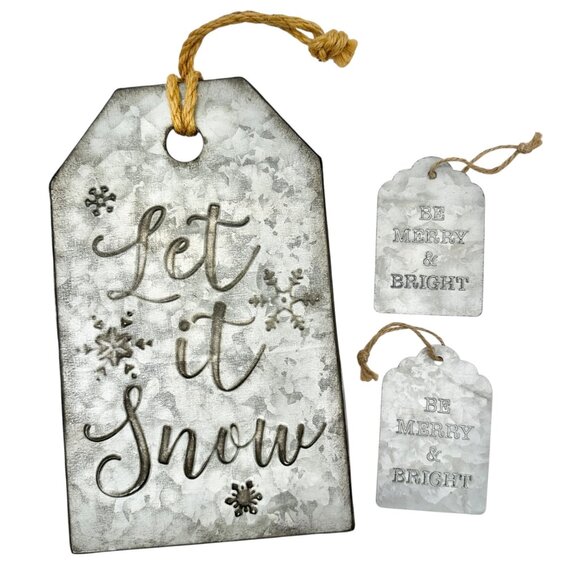 Galvanized Metal Holiday Wall Décor Set Let It Snow Be Merry Bright Twine Hanger - Picture 1 of 7